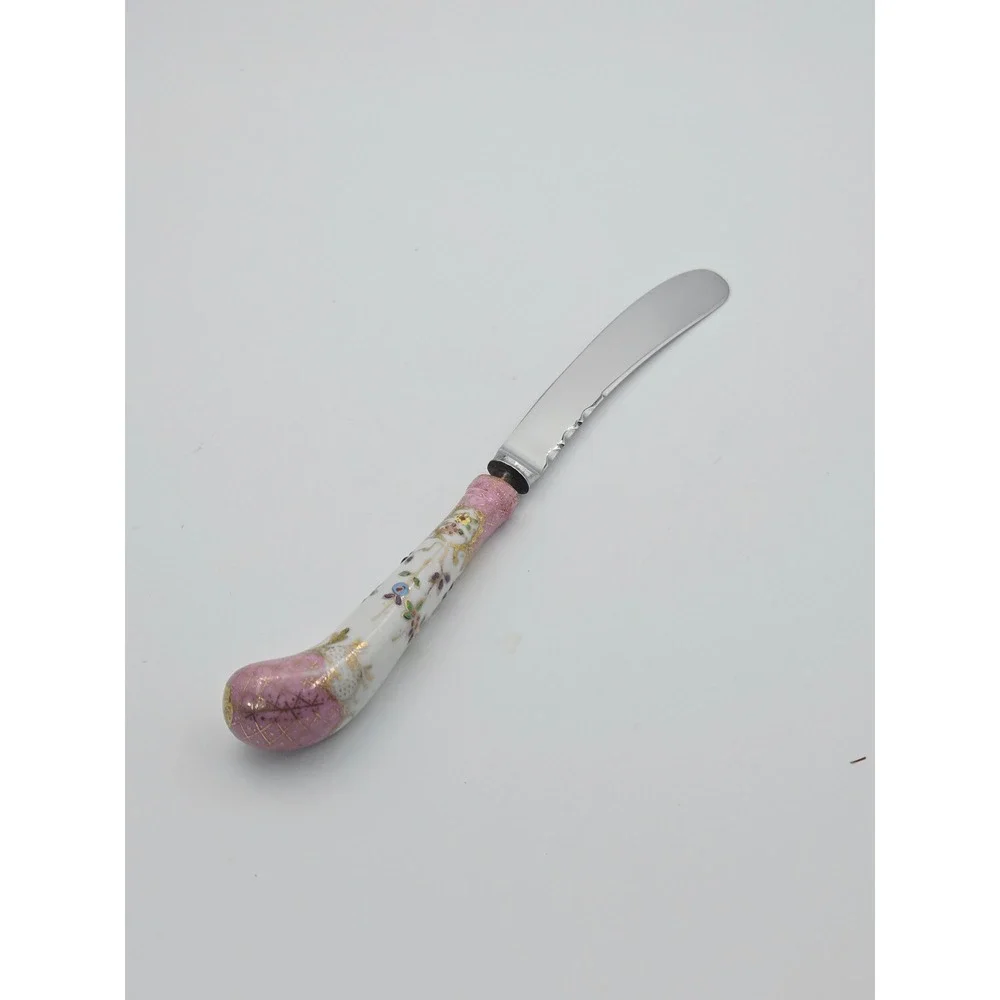 AE Lewis & Co Sheffield England Porcelain Handle Butter Spreader Pink Floral